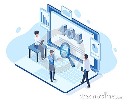 Isometric error lost 404 page network user people concept. Lost network website page, error not available webpage vector Vector Illustration