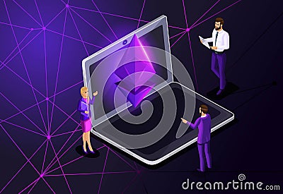 Isometric Ethereum crisis concept with Ether symbol, crypto currency, space, new virtual money, business ladies and businessmen Vector Illustration