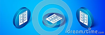 Isometric Evacuation plan icon isolated on blue background. Fire escape plan. Blue circle button. Vector Vector Illustration