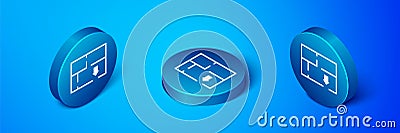 Isometric Evacuation plan icon isolated on blue background. Fire escape plan. Blue circle button. Vector Vector Illustration