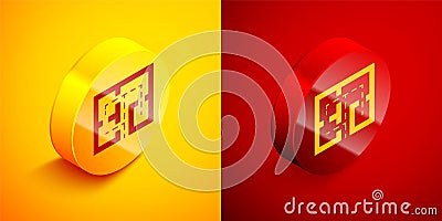 Isometric Evacuation plan icon isolated on orange and red background. Fire escape plan. Circle button. Vector Vector Illustration