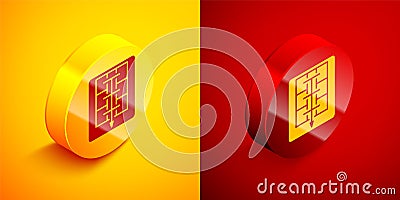 Isometric Evacuation plan icon isolated on orange and red background. Fire escape plan. Circle button. Vector Vector Illustration