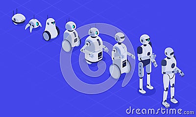 Isometric evolution of robots. Progress in robotics, futuristic robotic machines and robot android development 3D vector Vector Illustration