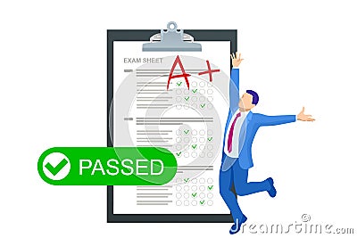 Isometric Exam sheet with A plus grade, flat design. The joy of a good exam result. The exam is passed. Vector Illustration