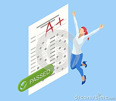 Isometric Exam sheet with A plus grade, flat design. The joy of a good exam result. The exam is passed. Vector Illustration