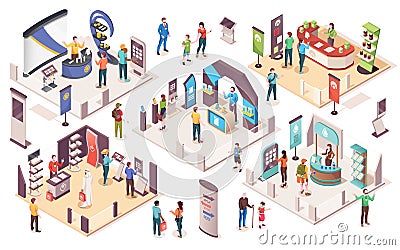 Isometric expo, people at exhibition trade center Vector Illustration