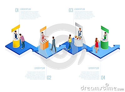 Isometric Expo Stands. Exhibition Demonstration Stand Concept. Exposition booth. Blank mockup. Vector Illustration