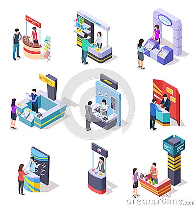 Isometric expo stands. Exhibition demonstration stand and trade stalls with people. 3d vector set Vector Illustration