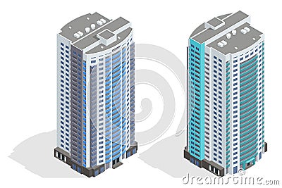 Isometric facade of a multi-storey buildin. Buildings and modern city houses. New residential buildings. Vector Illustration