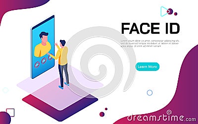 Isometric Face Identification digital security technologie concept. Man uses Face ID to unlock the smartphone. Vector Illustration