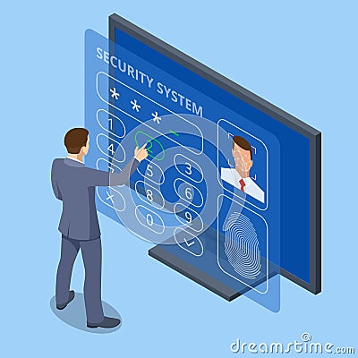 Isometric facial recognition system concept. Finger print scan for enter security system, Biometric access control Vector Illustration