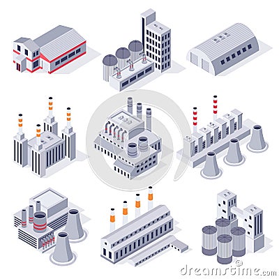 Isometric factory buildings. Industrial power plant building, factories warehouse storage and industry estate 3D vector Vector Illustration