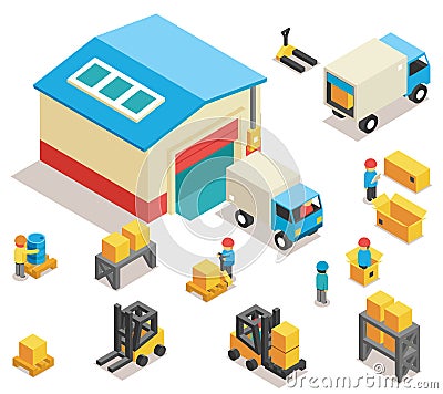 Isometric factory distribution warehouse building Vector Illustration