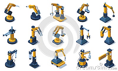 Isometric factory mechanised automated robotic arms. Factory industrial automated robotics arms, mechanical robotic Vector Illustration