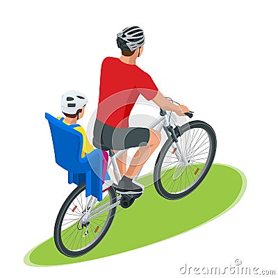 Isometric family biking. Young father safety helmet with toddler strapped child seat his bicycle. Bicycle with plastic Vector Illustration