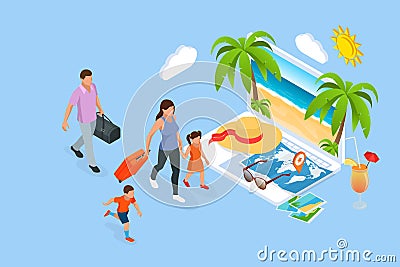 Isometric family summer travel concept. Father with kids on the beach enjoying summer. Family vacation Vector Illustration