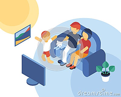 Isometric familytime together watching tv icons Cartoon Illustration