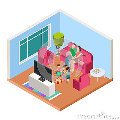 Isometric family time. Vector parents and kids watching TV and playing. Happy parenthood illustration Vector Illustration