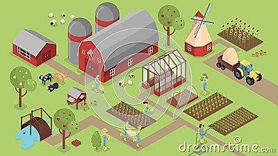 Isometric farm with animals. Vector Illustration