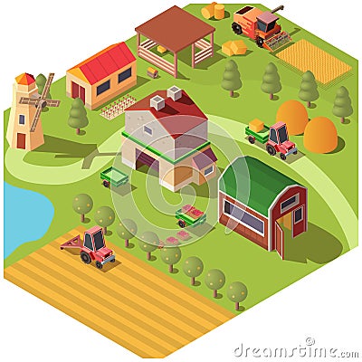 Isometric farm or ranch yard with outbuildings Vector Illustration