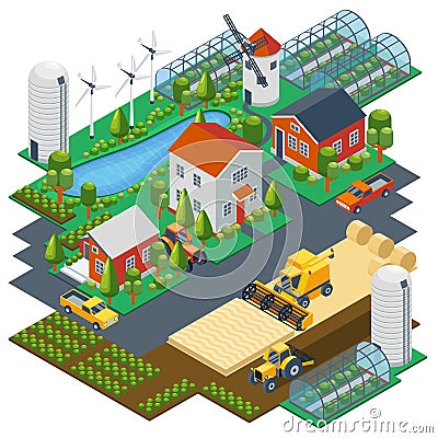 Isometric farm scene. Village setting with Vector Illustration