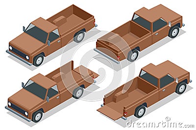 Isometric Farmer Pickup truck, car pickup icon, Old Farm Trucks Vector Illustration