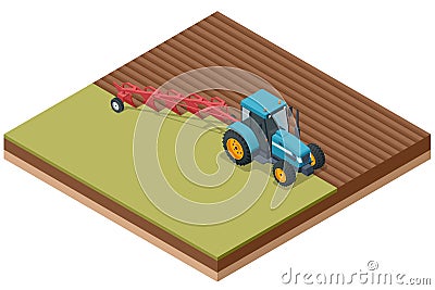 Isometric Farming plowing the field in spring. Farmer in agricultural tractor at work. Tractor ploughing field. Vector Illustration