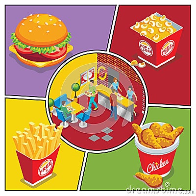 Isometric Fast Food Colorful Composition Vector Illustration