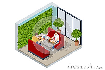 Isometric Fast Food Court, Restaurant Interior, Catering, Shopping Mall Vector Illustration