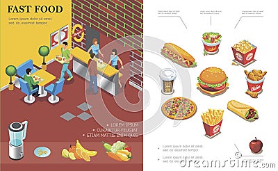 Isometric Fast Food Restaurant Concept Vector Illustration