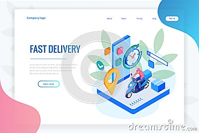 Isometric Fast and Free Delivery by Man Ride Scooter concept. Food service. Website Banner, vector illustration Vector Illustration