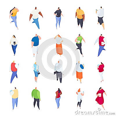 Isometric fat hypertrophy people with mobile gadget vector illustration set, gadgeteer character make phone call Vector Illustration