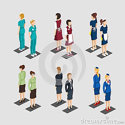 Isometric Female Characters Professions Collection Vector Illustration