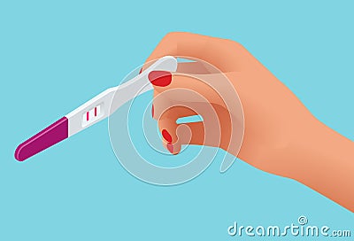 Isometric female hand is holding a pregnancy test with positive result as a two lines. Planning a baby, motherhood and Vector Illustration