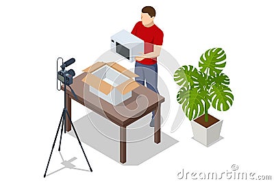 Isometric Female Vlogger Recording Broadcast At Home. Video Blogger Buying a Kitchen Appliance, Microwave Oven Vector Illustration