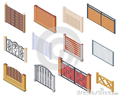 Isometric fence. Gates and farm garden wired security fences metal lattice 3d vector isolated collection Vector Illustration