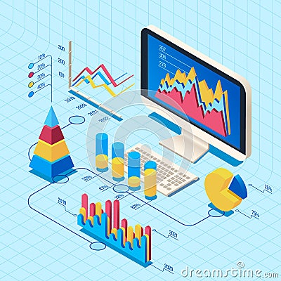 Isometric finance data analysis. Market position concept, web business computer diagram 3d vector illustration Vector Illustration