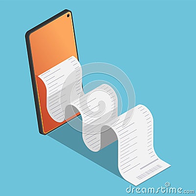 Isometric Financial Bill come out from smartphone Vector Illustration