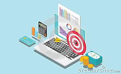 Isometric financial company or personal target with data graph chart and money Cartoon Illustration