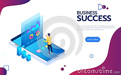 Isometric financial success concept. Businessman stand on smartphone in front of the screen to do data analysis market peak. Vector Illustration