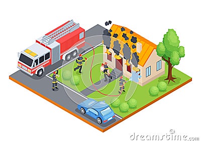 Isometric Fire Crew Composition Vector Illustration