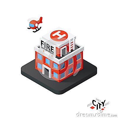 Isometric fire department icon, building city infographic element, vector illustration Vector Illustration