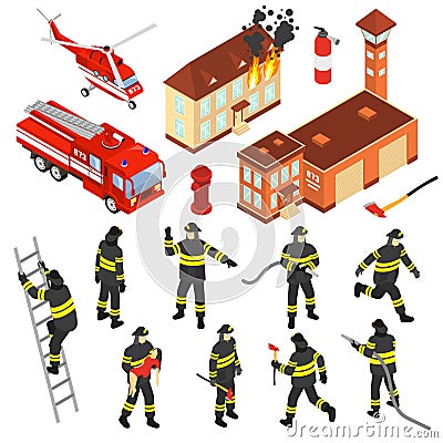 Isometric Fire Department Icon Set Vector Illustration