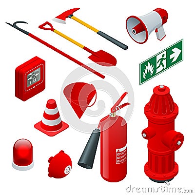 Isometric Fire safety and protection. Flat icons extinguisher, hose, flame, hydrant, protective helmet, alarm, axe Vector Illustration