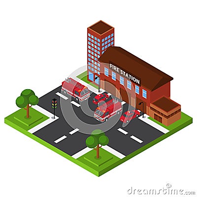 Isometric fire station, emergency department building, red truck rescue service, design, cartoon style vector Vector Illustration