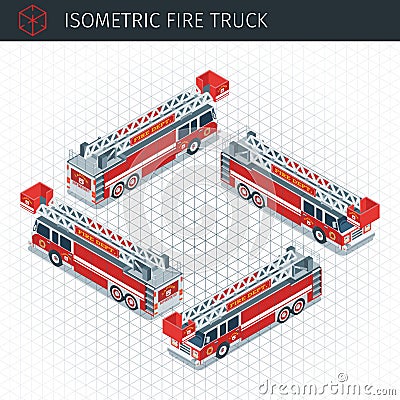 Isometric fire truck Cartoon Illustration