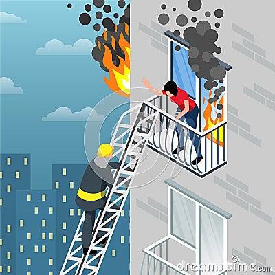 Isometric Firefighter Composition Vector Illustration