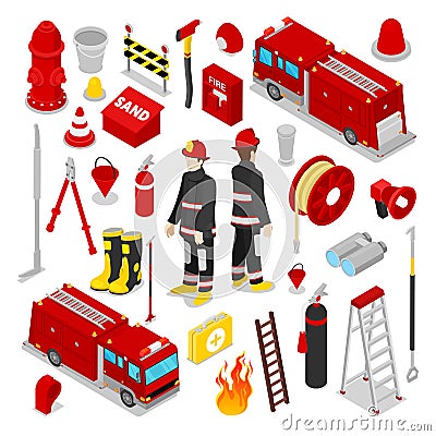 Isometric Firefighter. Fireman with Tank Truck and Equipment Vector Illustration