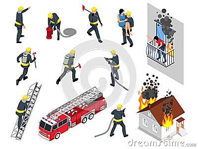 Isometric Firefighter Icon Set Vector Illustration