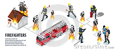 Isometric Firefighter Infographic Vector Illustration
